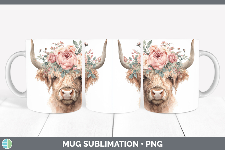 Highland Cow Animals Floral Crown Mug Wrap Sublimation Desig
