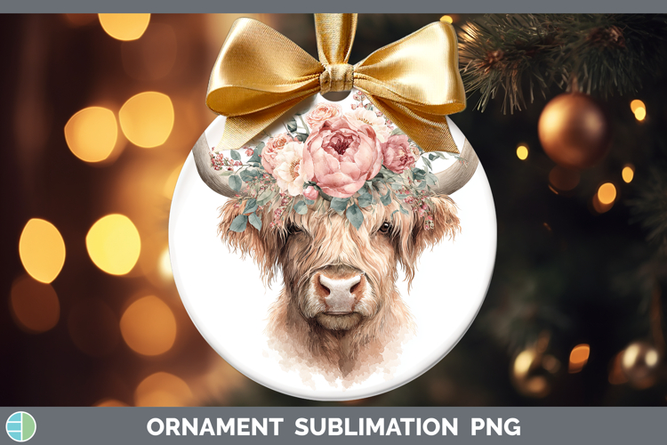 Highland Cow Animals Floral Crown Ornament Sublimation Desig