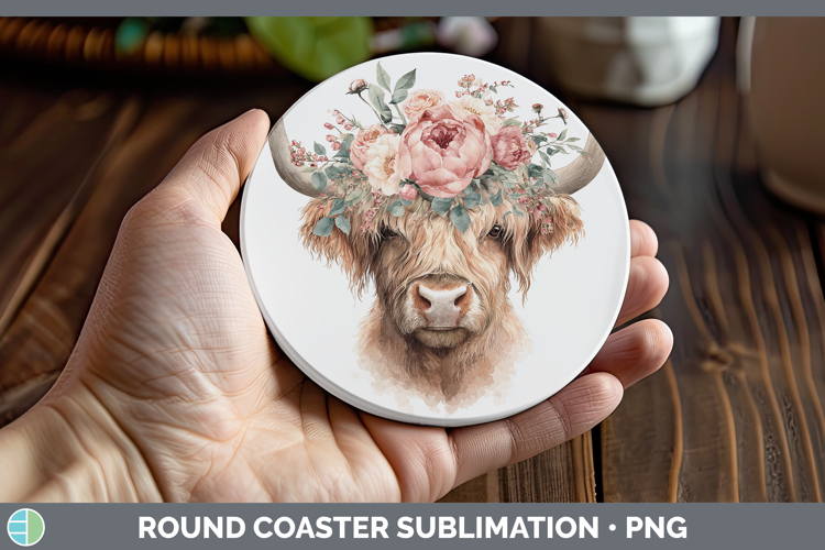 Highland Cow Animals Floral Crown Round Coaster Sublimation