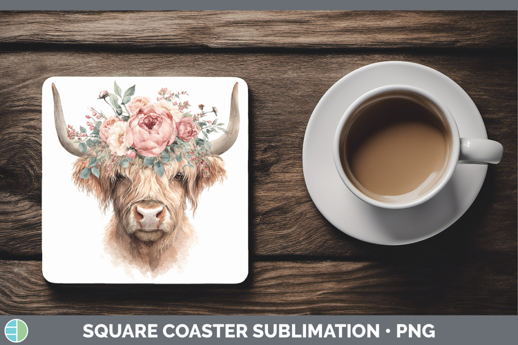 Highland Cow Animals Floral Crown Square Coaster Sublimation