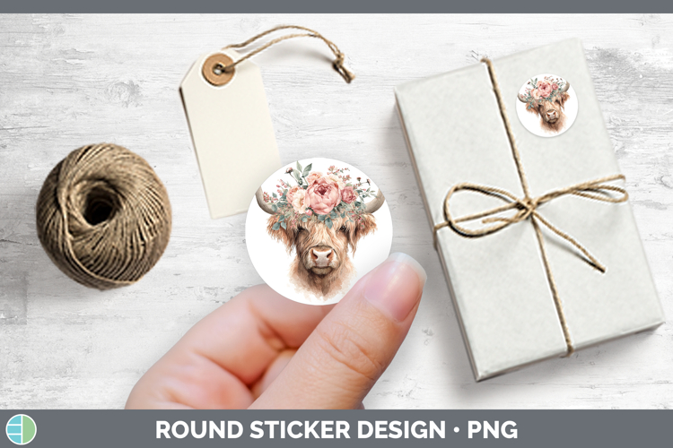 Highland Cow Animals Floral Crown Stickers Design