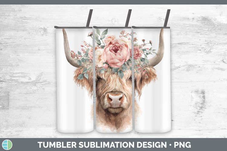 Highland Cow Animals Floral Crown Tumbler Sublimation Design
