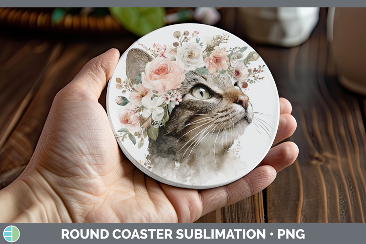 Kitten Animals Floral Crown Round Coaster Sublimation Design
