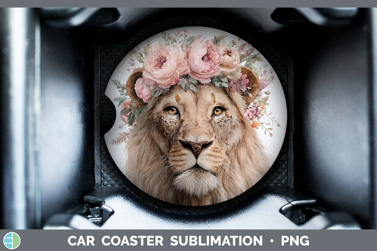 Lion Animals Floral Crown Car Coaster Sublimation Design