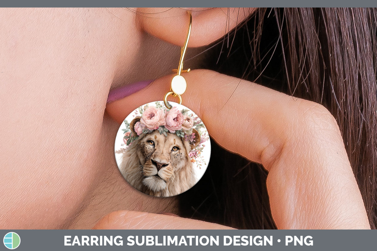 Lion Animals Floral Crown Round Earrings Sublimation Design