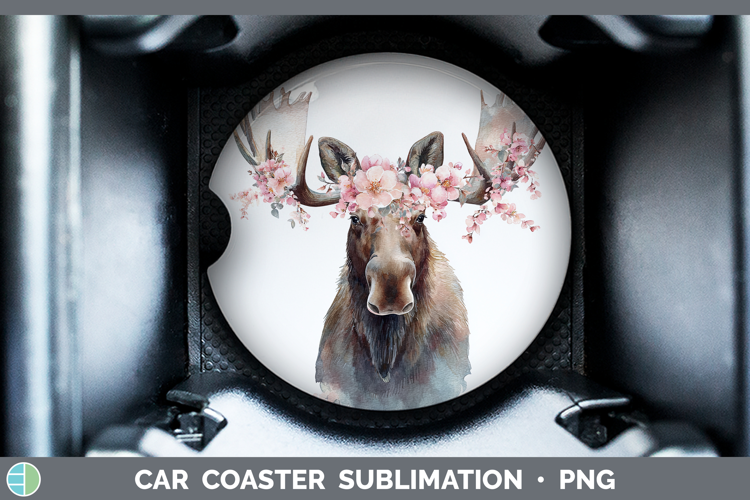 Moose Animals Floral Crown Car Coaster Sublimation Design