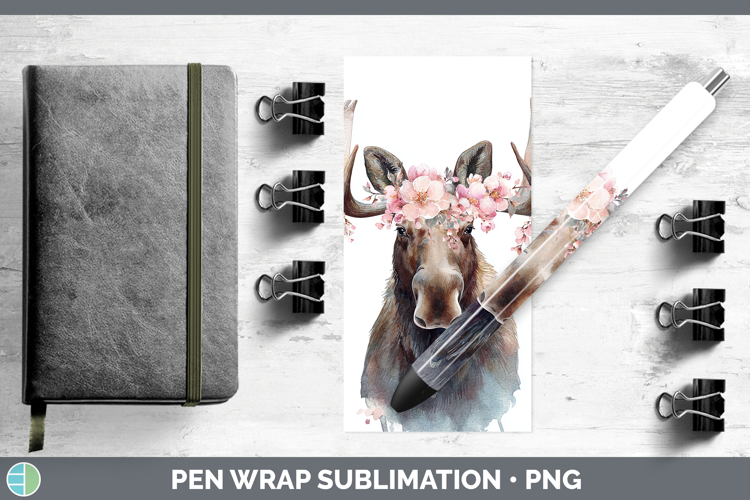 Moose Animals Floral Crown Pen Wrap Sublimation Design