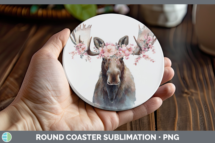 Moose Animals Floral Crown Round Coaster Sublimation Design