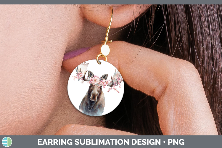 Moose Animals Floral Crown Round Earrings Sublimation Design