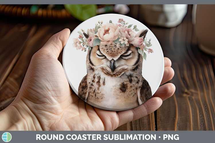 Owl Animals Floral Crown Round Coaster Sublimation Design