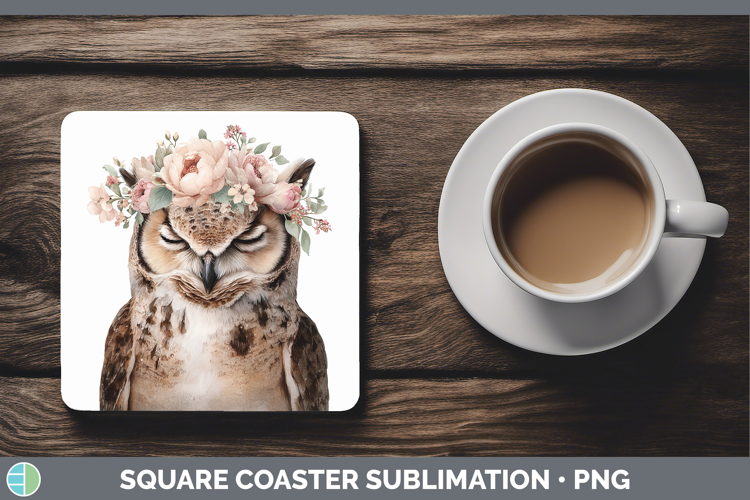 Owl Animals Floral Crown Square Coaster Sublimation Design