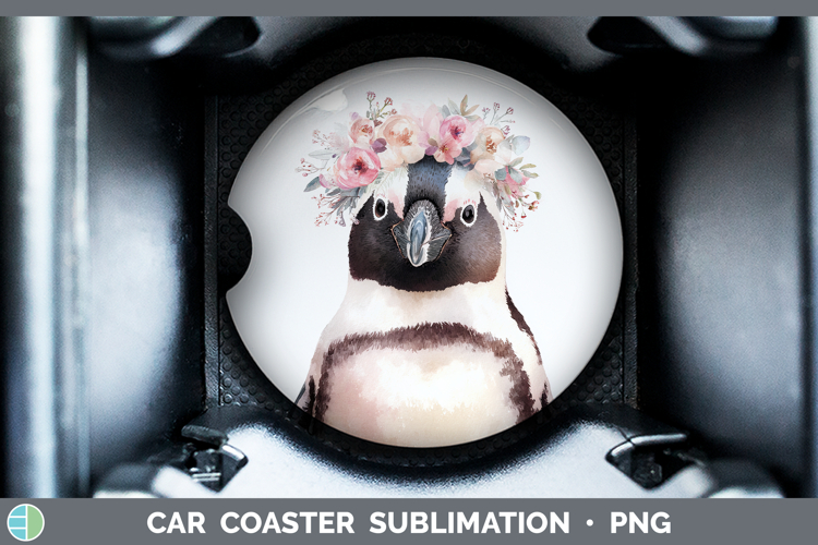 Penguin Animals Floral Crown Car Coaster Sublimation Design
