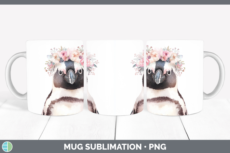Penguin Animals Floral Crown Mug Wrap Sublimation Design