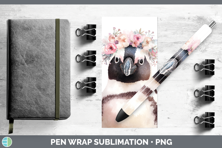 Penguin Animals Floral Crown Pen Wrap Sublimation Design