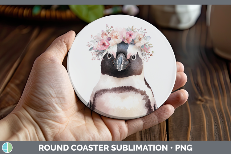 Penguin Animals Floral Crown Round Coaster Sublimation Desig