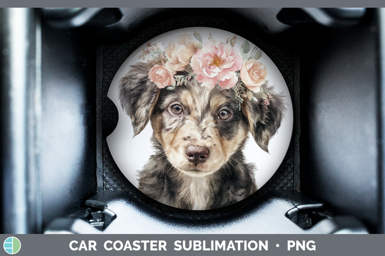 Puppy Animals Floral Crown Car Coaster Sublimation Design