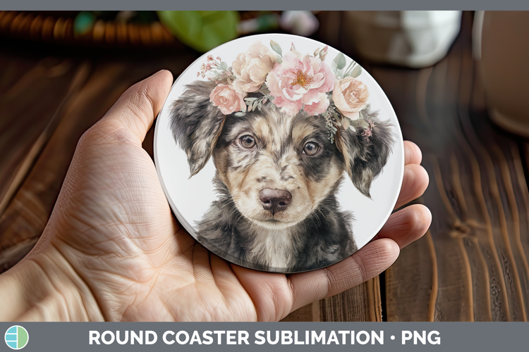 Puppy Animals Floral Crown Round Coaster Sublimation Design