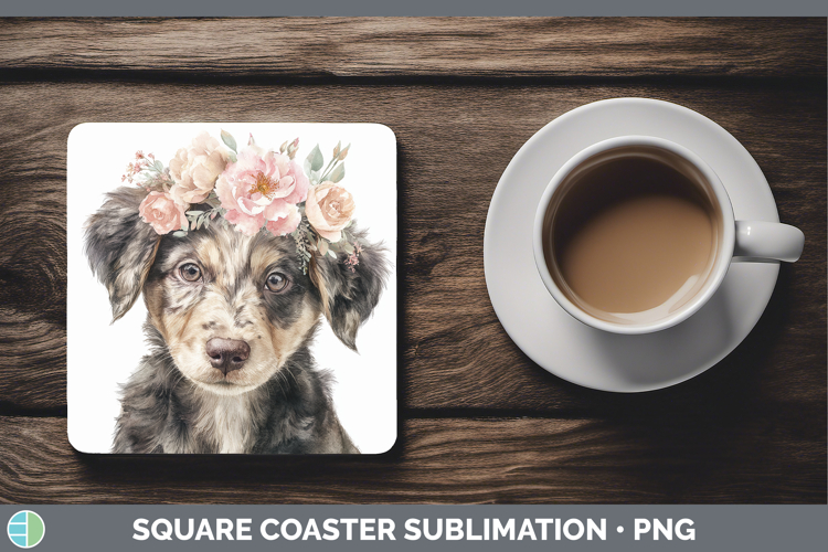 Puppy Animals Floral Crown Square Coaster Sublimation Design