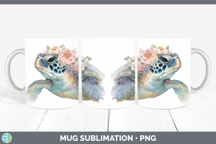 Sea Turtle Animals Floral Crown Mug Wrap Sublimation Design