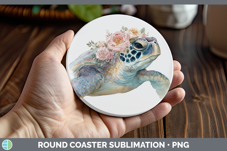 Sea Turtle Animals Floral Crown Round Coaster Sublimation De