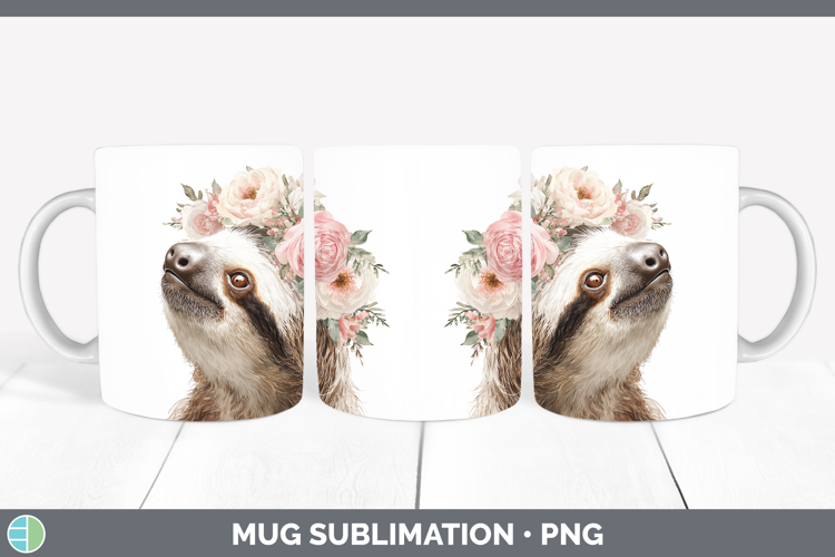 Sloth Animals Floral Crown Mug Wrap Sublimation Design