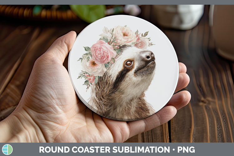 Sloth Animals Floral Crown Round Coaster Sublimation Design