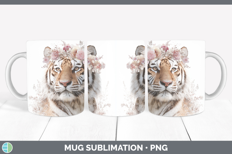 Tiger Animals Floral Crown Mug Wrap Sublimation Design