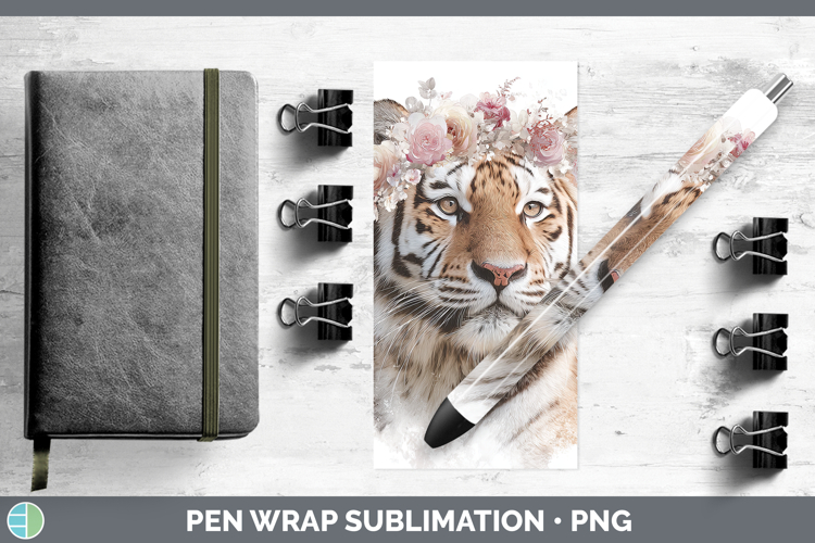 Tiger Animals Floral Crown Pen Wrap Sublimation Design