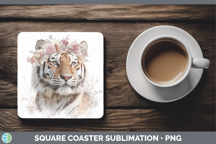 Tiger Animals Floral Crown Square Coaster Sublimation Design