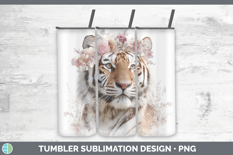 Tiger Animals Floral Crown Tumbler Sublimation Design