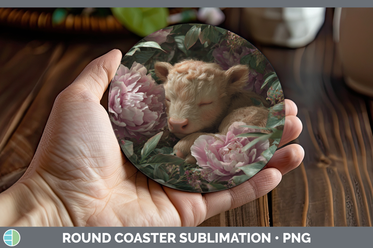 Highland Cow Round Coaster Animals Floral Sleeping Sublimati