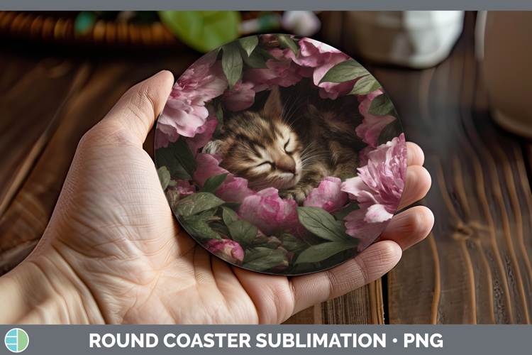 Kitten Round Coaster Animals Floral Sleeping Sublimation Coa