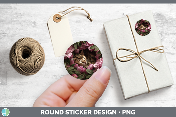 Animals Floral Sleeping Kitten Stickers | Round Labels Desig