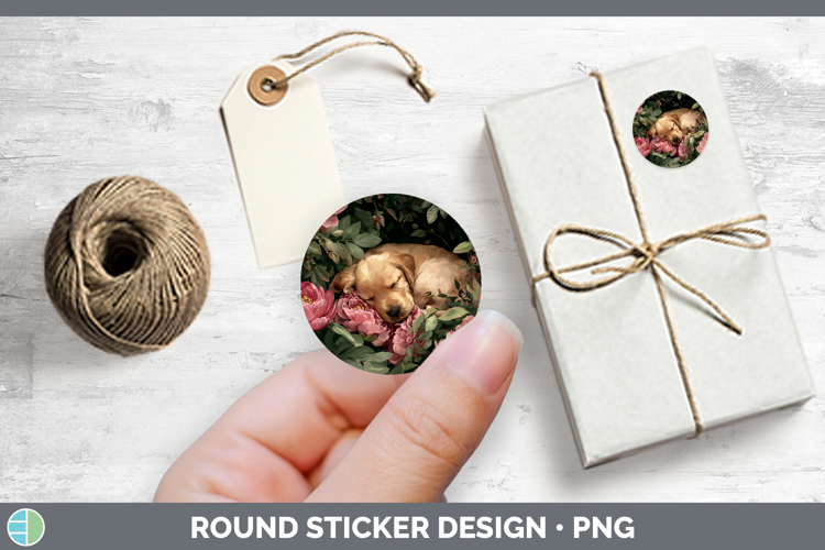 Animals Floral Sleeping Puppy Stickers | Round Labels Design