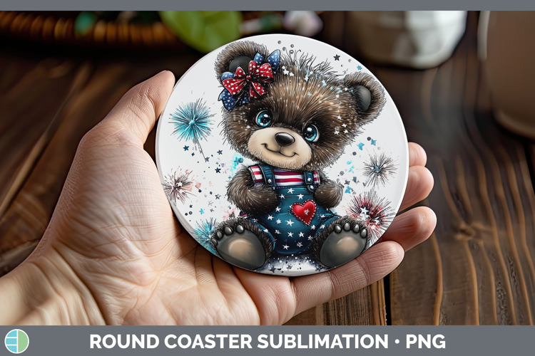 Animals Fourth of July Bear Round Coaster Sublimation Coaste
