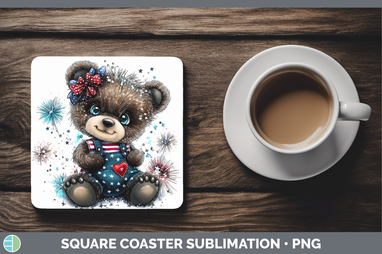 Animals Fourth of July Bear Square Coaster Sublimation Coast
