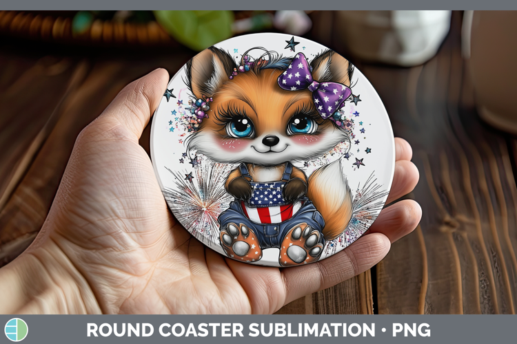 Animals Fourth of July Fox Round Coaster Sublimation Coaster