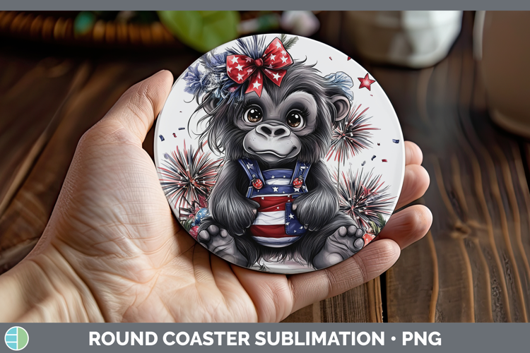 Animals Fourth of July Gorilla Round Coaster Sublimation Coa