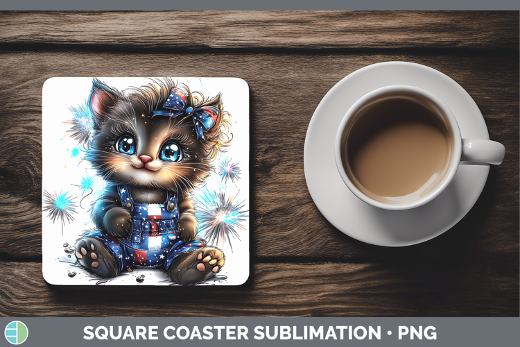 Animals Fourth of July Kitten Square Coaster Sublimation Coa
