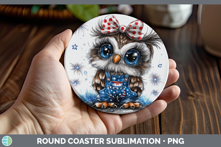 Animals Fourth of July Owl Round Coaster Sublimation Coaster