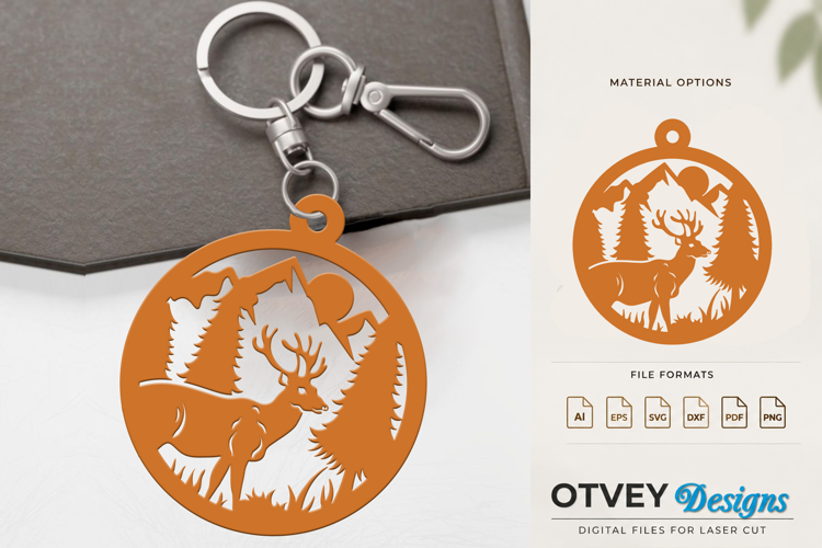 Deer Mountain Forest Keychain Laser Cut SVG Design
