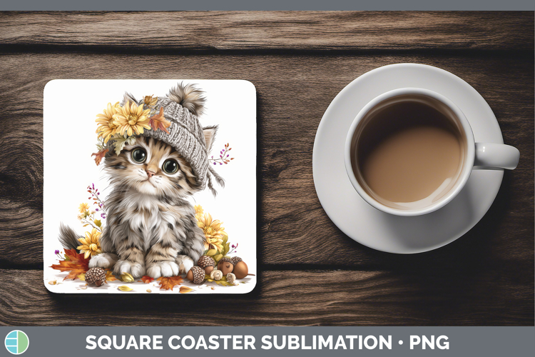 Kitten Square Coaster Animals Knit Hat Sublimation Coaster D