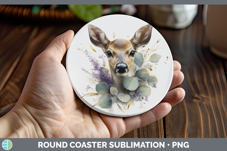 Deer Animals Lavender and Eucalyptus Round Coaster Sublimati