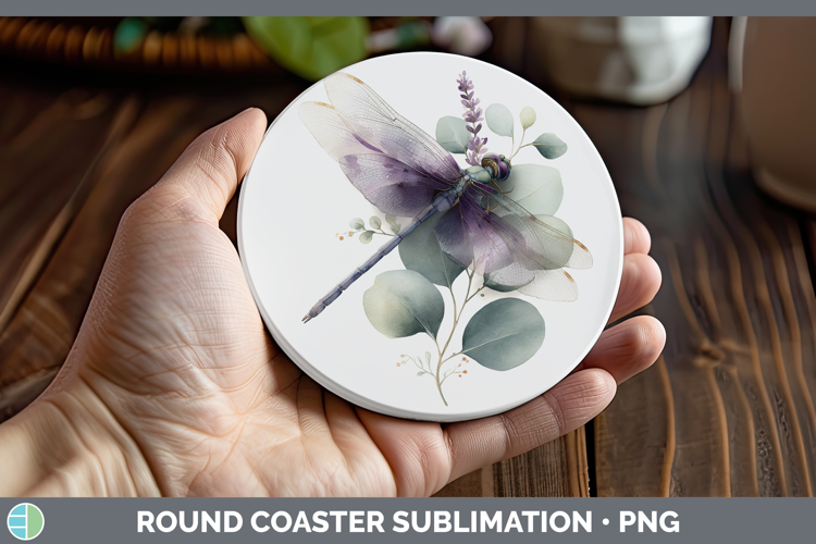 Dragonfly Animals Lavender and Eucalyptus Round Coaster Subl