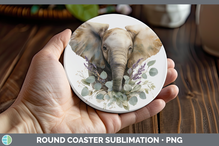 Elephant Animals Lavender and Eucalyptus Round Coaster Subli