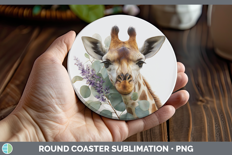 Giraffe Animals Lavender and Eucalyptus Round Coaster Sublim