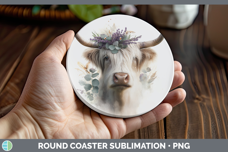 Highland Cow Animals Lavender and Eucalyptus Round Coaster S