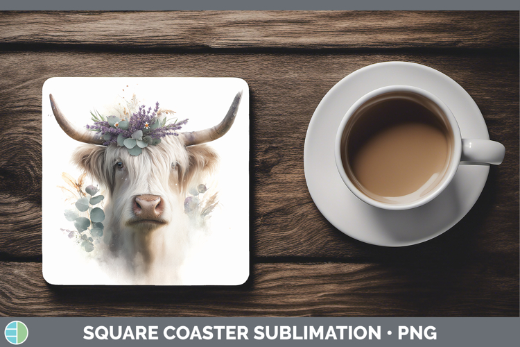 Highland Cow Animals Lavender and Eucalyptus Square Coaster
