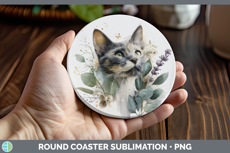 Kitten Animals Lavender and Eucalyptus Round Coaster Sublima