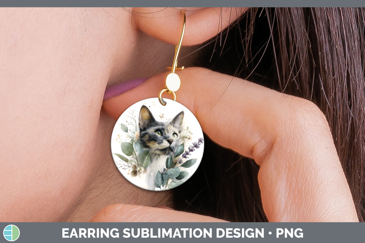 Kitten Animals Lavender and Eucalyptus Round Earrings Sublim